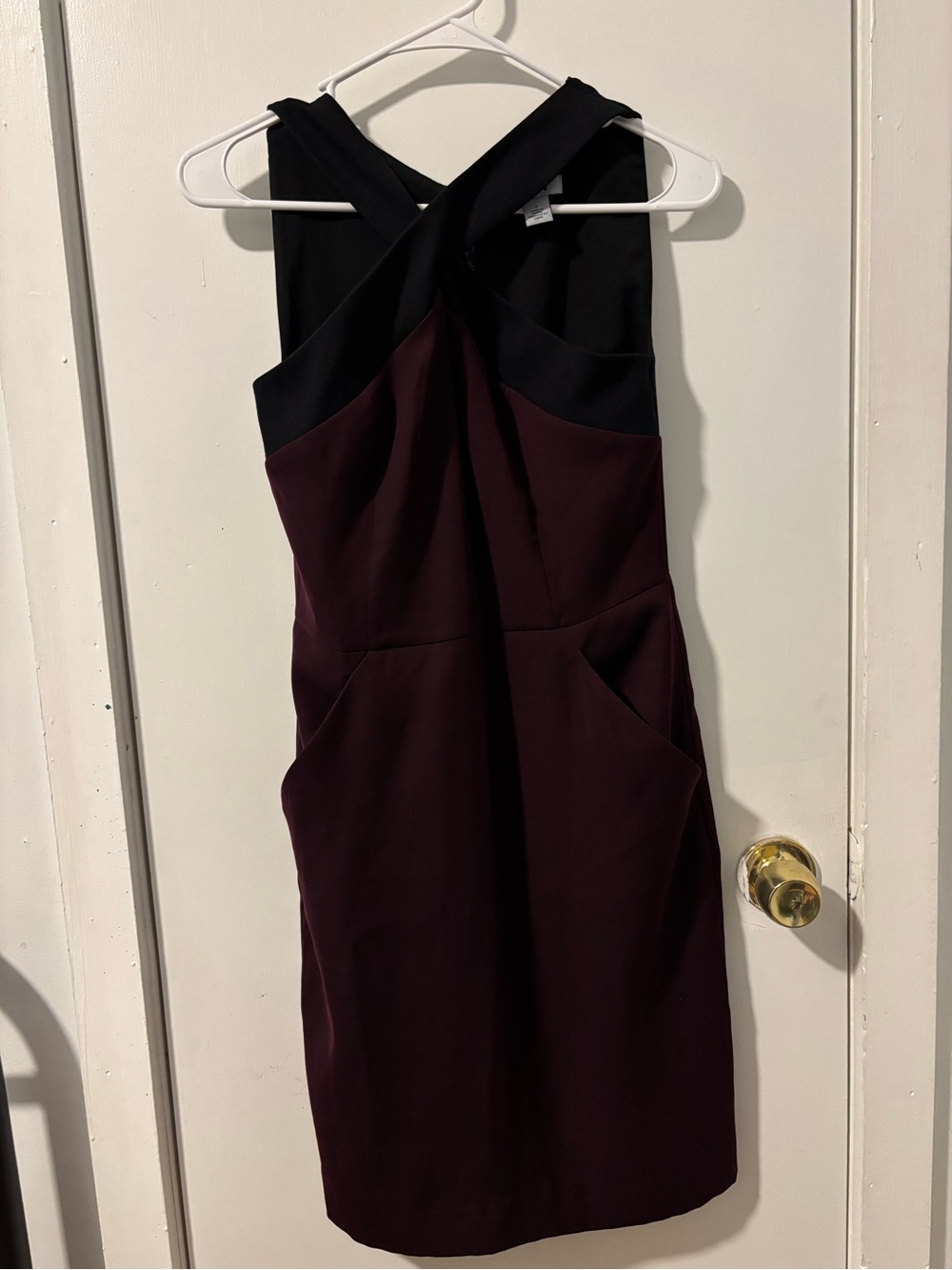 DKNY Black and Plum One-Shoulder Crossback Sheath Dress